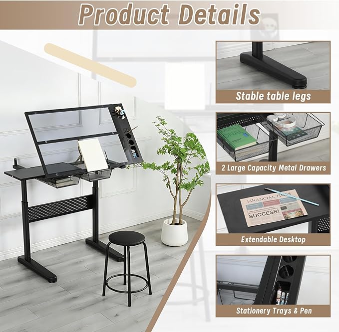 Adjustable Drafting Table with Hand-Crank Lift, 0-75° Tilting Tempered Glass Art Desk with Metal Drawers & Slide-Out MDF Side Table, Height Adjustable 29.5"-41.3" Drawing Desk with Storage & Stool