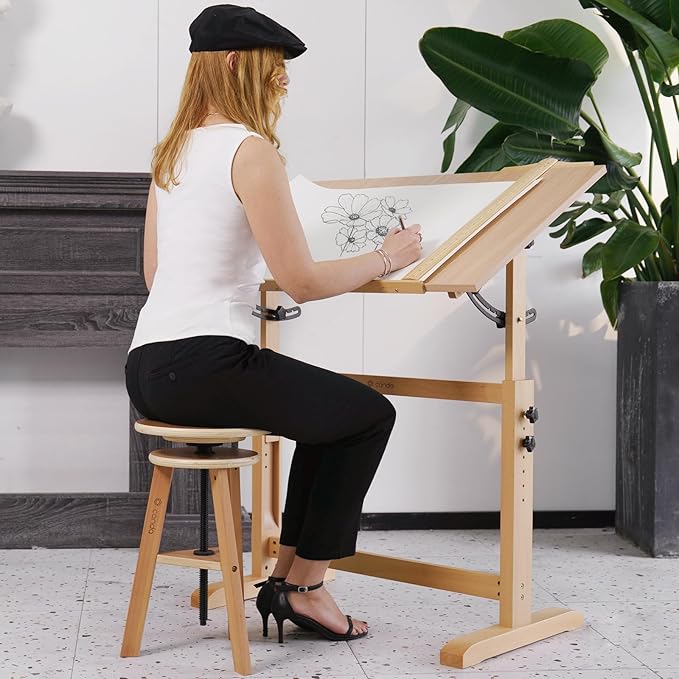 conda Adjustable Height Wooden Drafting Stool 19" to 26", Beech Wood Artist Stool for Drafting, Painting, Office, Studio, Kitchen, Bar, and Home Use