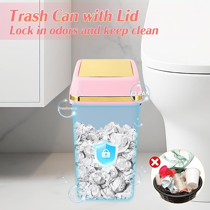 Bathroom Trash Can with Lid 4 Gallon Pink Trash Can Bedroom Trash Can Small Garbage Can with 300 Counts Trash Bags for Small Bathroom Bedroom Office
