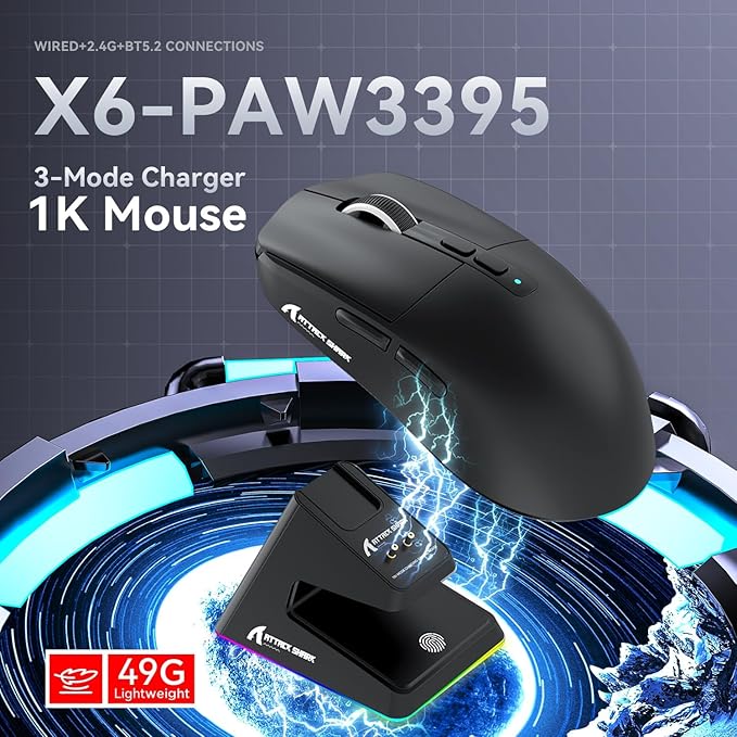 ATTACK SHARK X6 Lightweight Wireless Gaming Mouse with RGB Backlight Charging Base,Tri-Mode Wired/2.4GHz/BT5.2,26K DPI, PAW3395 Optical Sensor,HUANO Switch,5programmable Buttons,PC/Mac(Black)