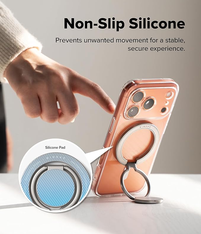 Ringke Dual Magnetic Smart Holder [Compatible with MagSafe] Phone Grip, Dual-Sided Powerful Magnet, Multi-Angle Hinge 3-Tier Foldable Kickstand for Gym, iPhone, Galaxy, Pixel - Satin Silver