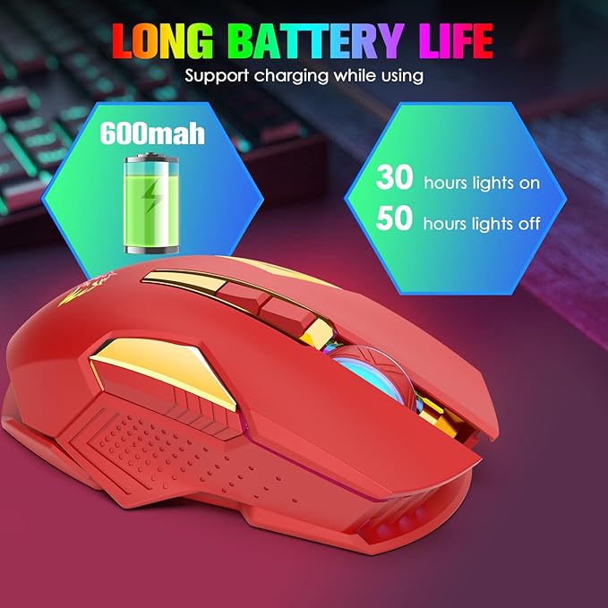 FELICON Wireless Gaming Mouse Rechargeable with Rainbow RGB Backlit,Optical Sensor 3 Level DPI,Ergonomic Gamer Laptop High Performance PC Mice with 8 Buttons for Windows 7/8/10/XP Vista（Red）