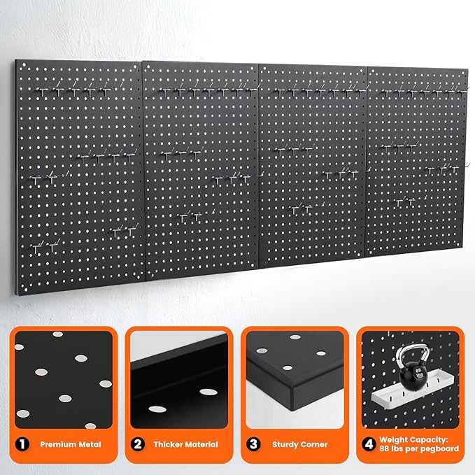 ENJOYWOOD Pegboard, 4 PCS 24"×16" Metal Peg Board Panels Black Modular Wall Organizer Kit with 40 Hooks, Dual-Size Hole Design for Home Tool Storage, Garage Organization, Kitchen, Office, Craft Room