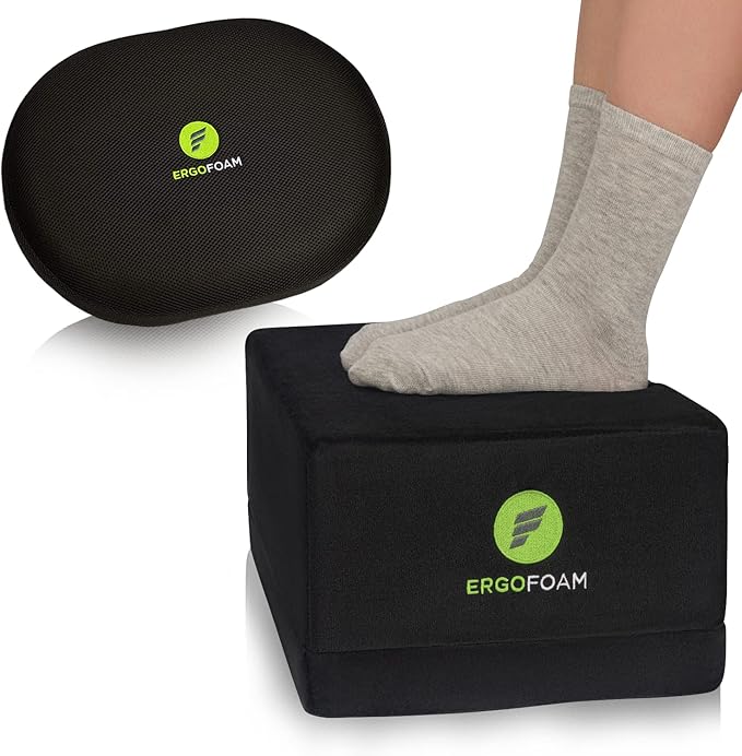 ErgoFoam Adjustable XL Foot Rest (Rectangular, Velvet, Black) and Orthopedic Donut Pillow Bundle