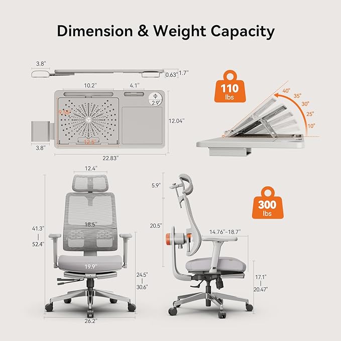 Newtral Ergonomic Office Chair, Auto-Following Lumbar Support Desk Chair with Footrest (Grey, 5D Headrest +Laptop Tray)