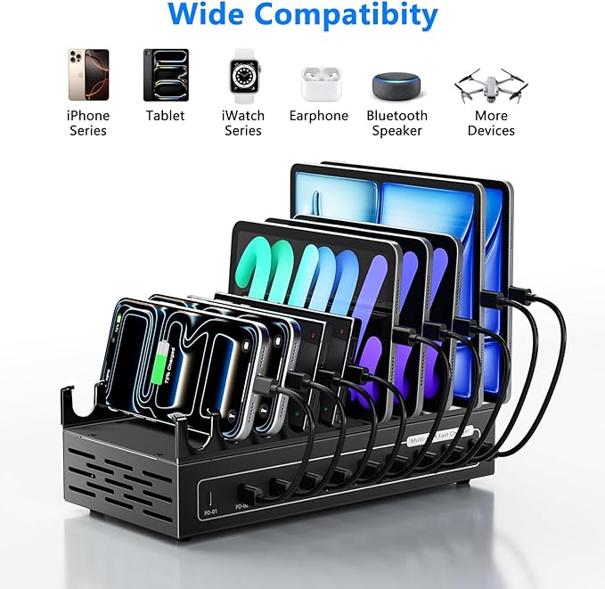 200W Charging Station for Multiple Devices, USB C Fast Charger Station, 10 Ports Desktop Multi-Port Fast Charger with Storage Dividers, Compatible with Cellphone, Kindle, Tablet, iPhone, iPad and More