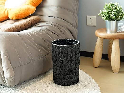 Coeusy Wicker Trash Can,Small Trash Can,Handwoven Waterproof Wicker Trash Basket,Round Garbage Can,Compact Waste Basket for Bathroom,Bedroom,Office,2 Gallon Black