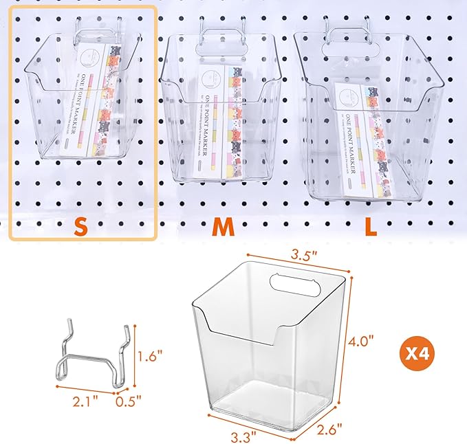 LIGHT DUST Clear Pegboard Cups with Hooks, 1/8" & 1/4" Peg Board Orangizer Accessories Aesthetic Decoration for Garage Workbench Craft Room Office Playroom Organization (4, Small)