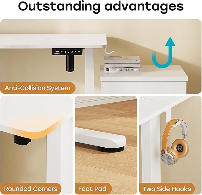 Small Electric Standing Desk, 40" ×20" White Standing Table, Height Adjustable Compact Sit Stand Desk with Splice Board, Home Office Table with 2 Hooks