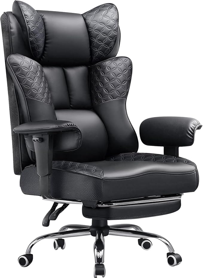 GTPLAYER Big and Tall Office Chair Wide Ergonomic Gaming Chair with Deluxe Embossing Designed Leather with Foot Rest,150°Reclining Adjustable Soft Armrests Pocket Spring Back Support and Pillow