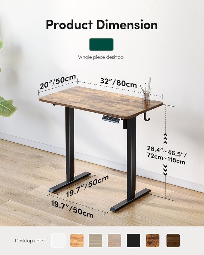 CubiCubi 32 x 20 Inches Small One-Piece Standing Desk, Adjustable Height Electric Computer Sit Stand up Home Office Workstation, with 4 Memory Presets, Headphone Hook, Vintage