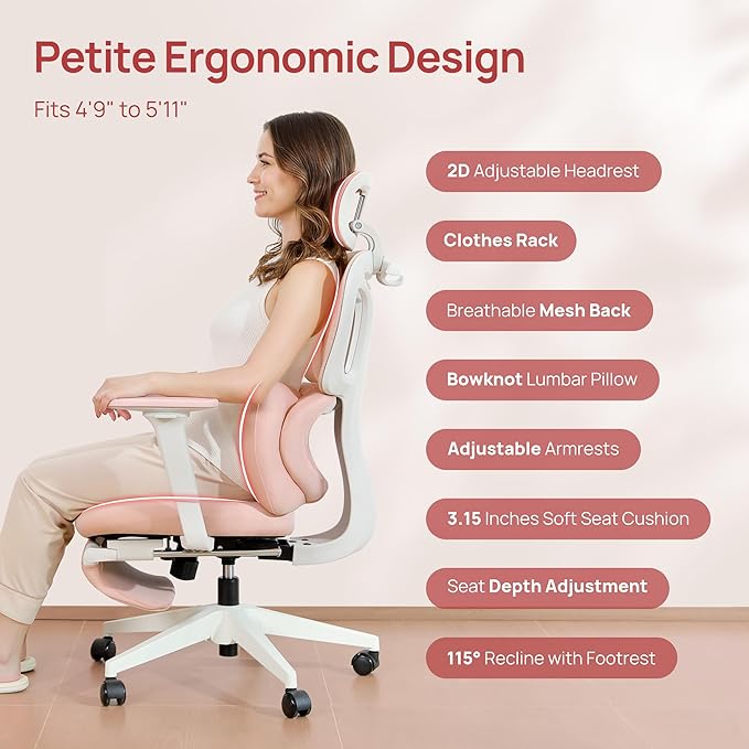 CabLady S1 Petite Ergonomic Home Desk Chair with Footrest and Headrest, High Back Fixed Lumbar Support with Detachable Pillow, Reclining Cute Office Chair for Women & Girls, 300 LBS Capacity