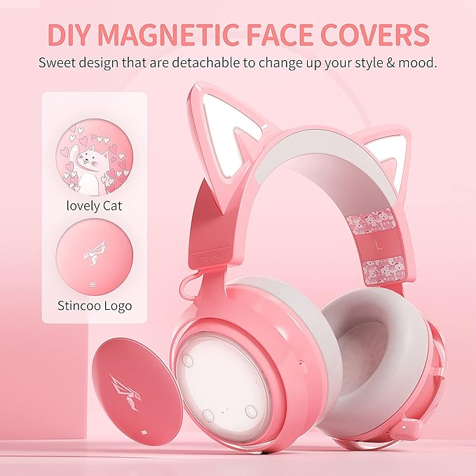 SOMIC GS510 Gaming Headset, Cat Ear Headset PC Gaming Headphones with Retractable Mic Noise Cancelling, Stereo Sound, DIY Face Covers for PC, PS4, PS5,Xbox One(Only White LED Light)-Pink