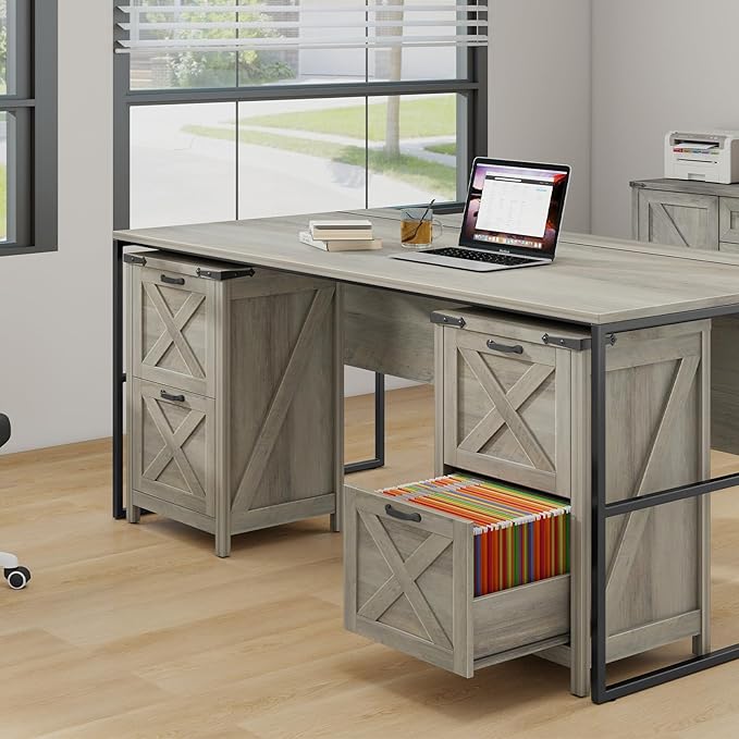 Vabches Vertical File Cabinet with 2 Drawers, Wooden Farmhouse Filing Cabinet for Letter/A4 Size Hanging Files, Under Desk Printer Stand with Storage for Home Office, Grey
