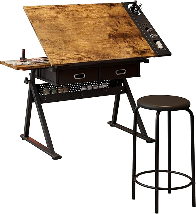 Height Adjustable Drafting Table, Tilting Tabletop Artist Desk w/2 Storage Drawers & Stool, Craft Drawing Table for Painting, Sketching, Home Office, Art Studio (Black+Wood)