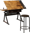 Height Adjustable Drafting Table, Tilting Tabletop Artist Desk w/2 Storage Drawers & Stool, Craft Drawing Table for Painting, Sketching, Home Office, Art Studio (Black+Wood)