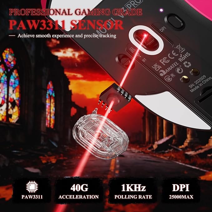 MAMBASNAKE ATTACK SHARK V3 PRO 62g Superlight Wireless Gaming Mouse,RGB Magnetic Charging Dock,BK52820 Tri-Mode BT/2.4G Wireless/Wired Mouse,25000DPI,500mAh,5 Programmable Buttons for Pc/Mac,Berry Red