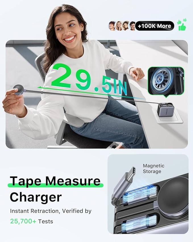 HERRBOLAI 30W Retractable Charger 3 in 1, Wall Charger Block Fast Charging with Triple Retractable Charging Cables, Portable Travel Charger for iPhone 17-11, for Apple iWatch, Air Pods, Samsung, iPad
