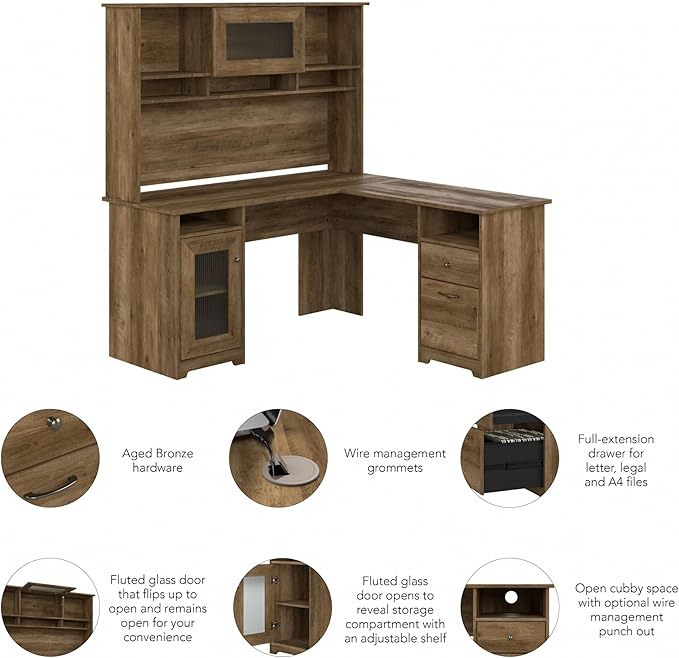 Bush Furniture Cabot L Shaped Desk with Hutch, Corner Desk with Storage for Home Office in Reclaimed Pine, 60W L Shaped Computer Desk