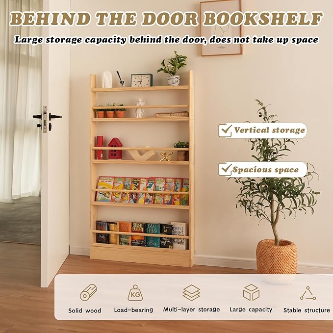 Baveke Kids Bookshelf, 5 Tier Shelves Behind The Door Book Shelf Storage, Children's Solid Wood Bookcase Space- Saving, Wall Mount Bookshelf for Bedroom, Living Room, Office（FSC-Certified Wood）