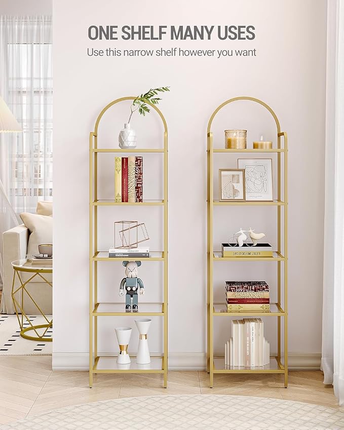 Hzuaneri Bookcase Bookshelf, Tempered Glass Bookshelves, Slim Shelving Unit for Bedroom, Bathroom, Home Office, Steel Frame, 5 Tier Gold BC05001G