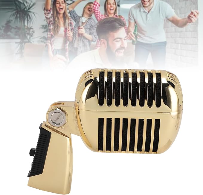 Classic Retro Microphone, Vintage Dynamic Microphone, Zinc Alloy Self Tensioning Rotating Rack, Unidirectional Cardioid Mic, Universal Stand Compatible (Golden)