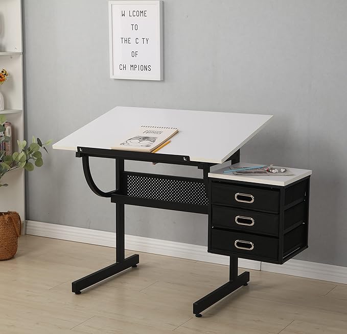 Drafting Table Art Table Adjustable Drawing Table Tilted Tabletop, Craft Table, with Storage Drawers and Stool, Crafting Desk with Storage for Painting Diamond Reading Writing Study (White A)