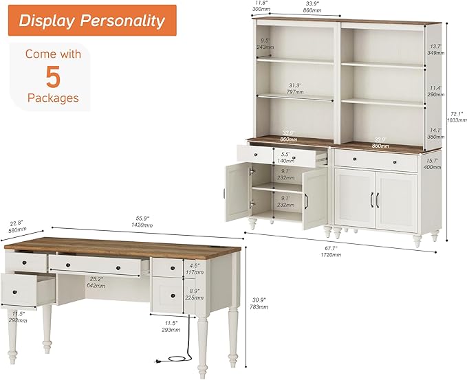 WAMPAT Home Office Furniture Set, 56" Executive Desk with Charging Station, 72" Tall Bookcase with 4 Doors and 2 Drawers, Wood Computer Desk with File Cabinet Storage, Open Shelf, White
