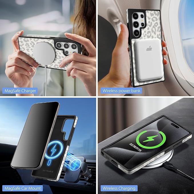 SkyEagle Compatible with Magsafe 2 in 1 Detachable Samsung Galaxy S25 Ultra Wallet Case with Card Holder,Women Men Magnetic PU Leather RFID Blocking Flip Kickstand Credit Slots,Leopard-White