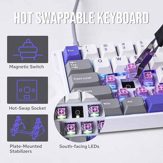 EPOMAKER Aula WIN68 HE Magnetic Keyboard with Adjustable Actuation, Hall Effect Switches, 65% Wired Compact Keyboard, 8000 Hz Polling Rate, Hot-Swappable (Grey&White&Blue)