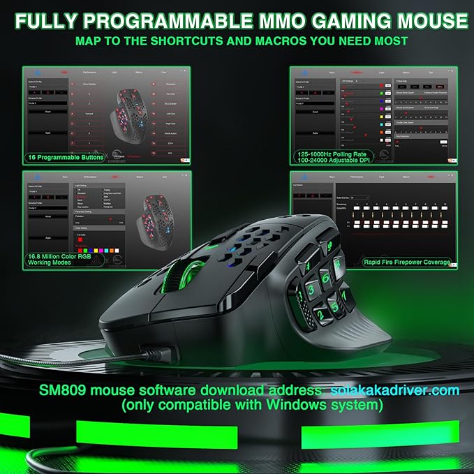 SOLAKAKA SM809 Gaming Mouse for MMO,24000 DPI,16 Programmable,RGB PC Gaming Mice,Black