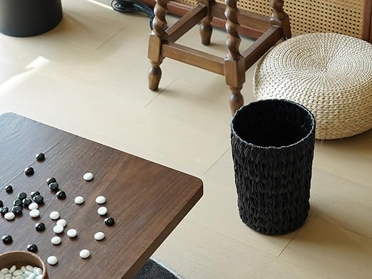 Coeusy Wicker Trash Can,Small Trash Can,Handwoven Waterproof Wicker Trash Basket,Round Garbage Can,Compact Waste Basket for Bathroom,Bedroom,Office,2 Gallon Black