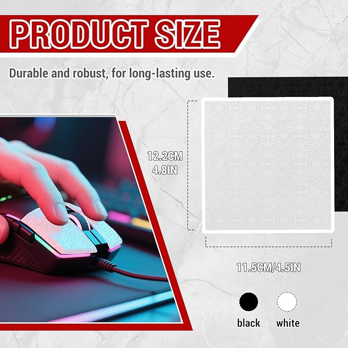 BOROLA DIY Adhesive Universal Mouse Anti-Slip Snowflake Grip Tape, Cut Sweat-Absorbing Ultra-Thin 0.3mm Non-Slip Gaming Mice Skins Stickers for Any Brand(2PCS Black+White, 12x11.5cm/4.7x4.5in)