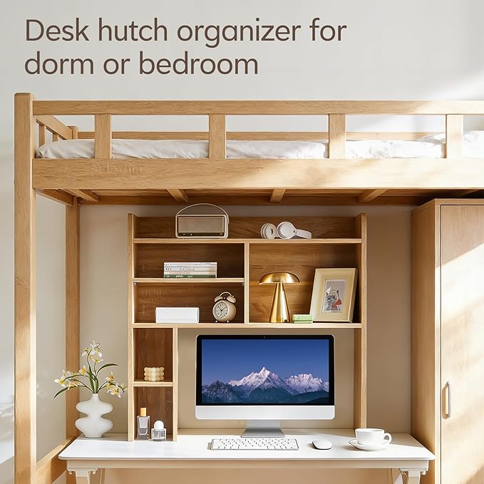 TUKAILAi Desktop Bookshelf Organizer, Countertop Storage Hutch with 7 Shelves for Desk, Dorm Desk Hutch Wood Display Rack for Home Office (Natural)