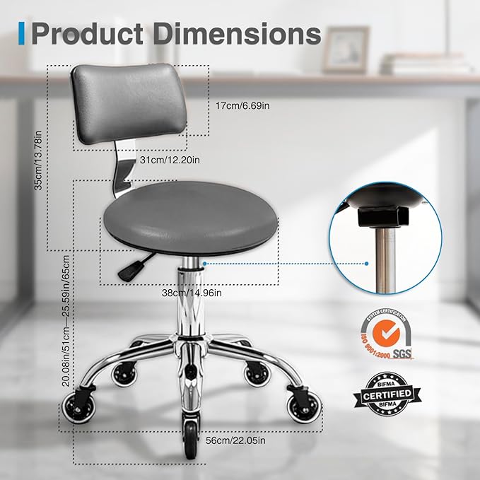 Rolling Stool Chair with Wheels, Office Drafting Chair with Back Support, Height Adjustable Standing Desk Stool with PU Leather Cushion for Home Office Kitchen Vanity Salon Garage Tattoo Dentist(Grey)