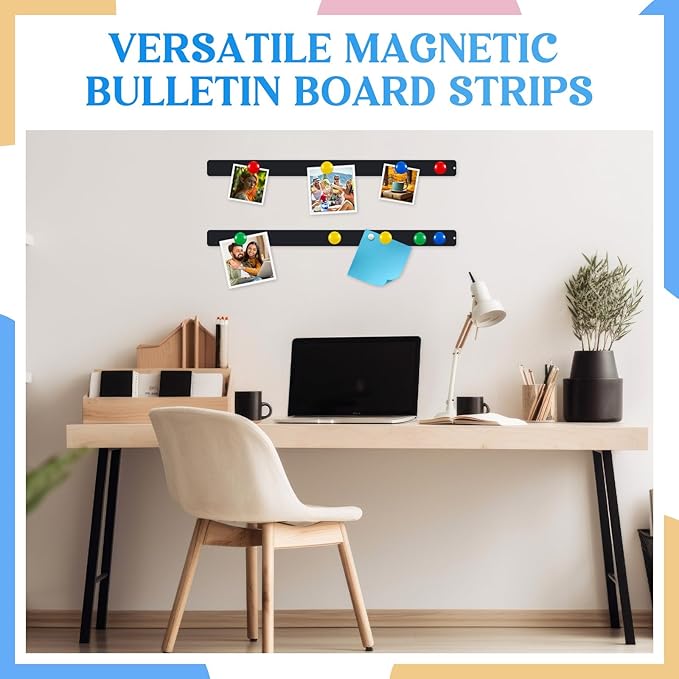 Mooliwe 6 Pieces 36 Inch Frameless Magnetic Stainless Iron Board Strips Bulletin Bar Magnetic Wall Board Memo Strip Set with 48 Pieces Colorful Magnets for School Office Home (Black)
