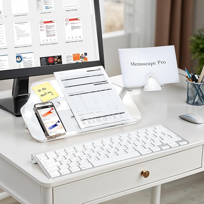 MemoScape PRO Adjustable in-Line Document Copy Holder for Desk - Help Boost Productivity and Reduce Neck Strain - Paper Holder Stand for Desk - Office & Home Organization Accessory - White