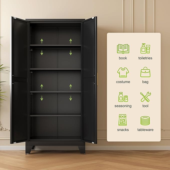Washsemba 71'' Farmhouse Metal Storage Cabinet with Barn Doors,Steel File Cabinet for Home Office,Kitchen Pantry 4 Adjustable Shelves,Freestanding Cupboard for Kitchen,Home Office (Black)