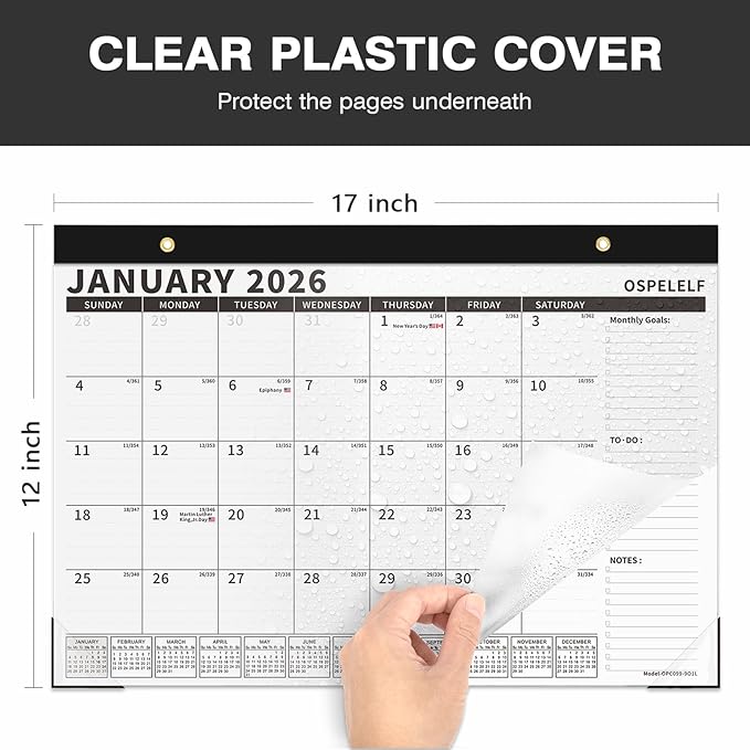 Ospelelf 2026-2027 Calendar Magnetic Desk Wall Desktop Monthly Planner from January 2026 - June 2027 Large To Do Pad with Plastic Cover for Office 17" X 12" Black