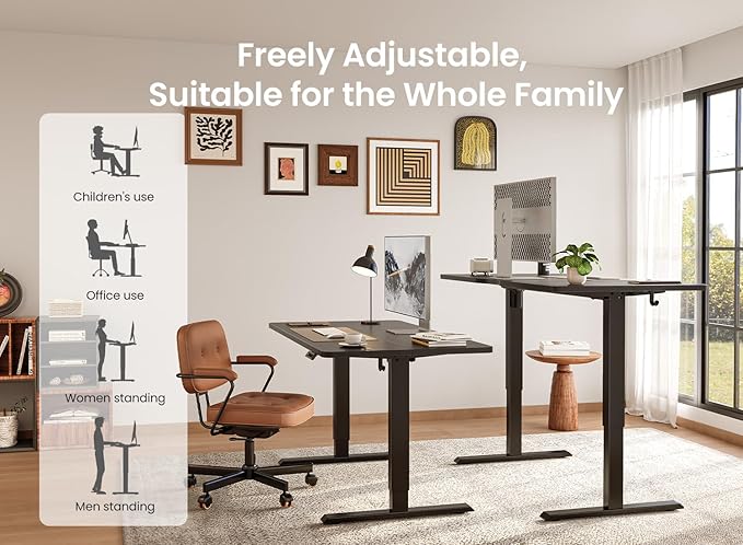 BANTI 55 × 28 Inches Standing Desk, Ergonomic, Electric Height Adjustable, Sit and Stand Up, Computer Desk with a Deeper Desktop, Black Frame/Black Top
