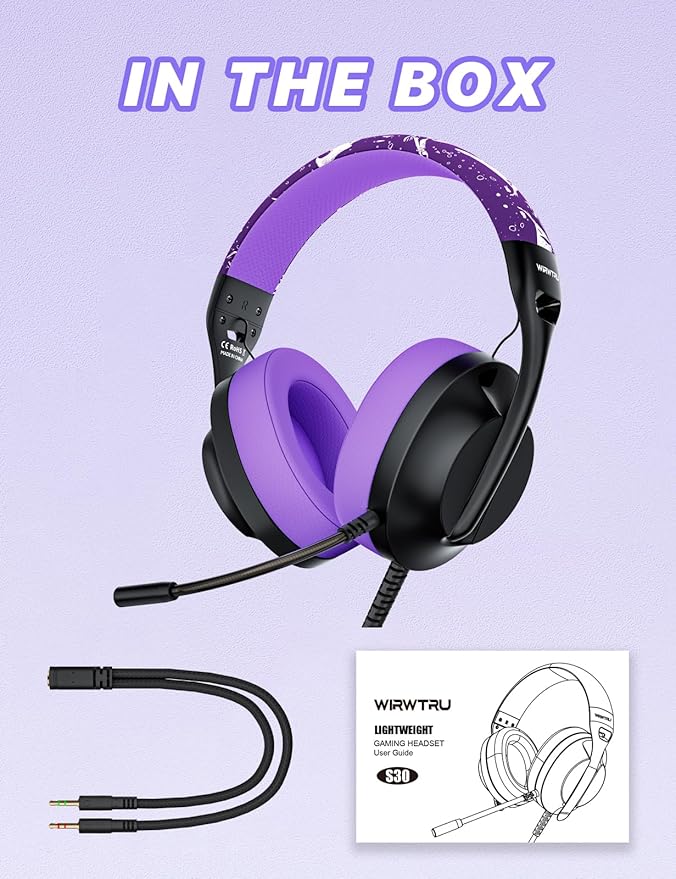 WIRWTRU S30 Gaming Headset with Microphone,198g Lightweight Design, Wired Gaming Headphones for Xbox, Xbox Series X|S, PS5, PS4, Switch, PC, Noise Cancelling Mic, Soft Earmuffs (Purple)