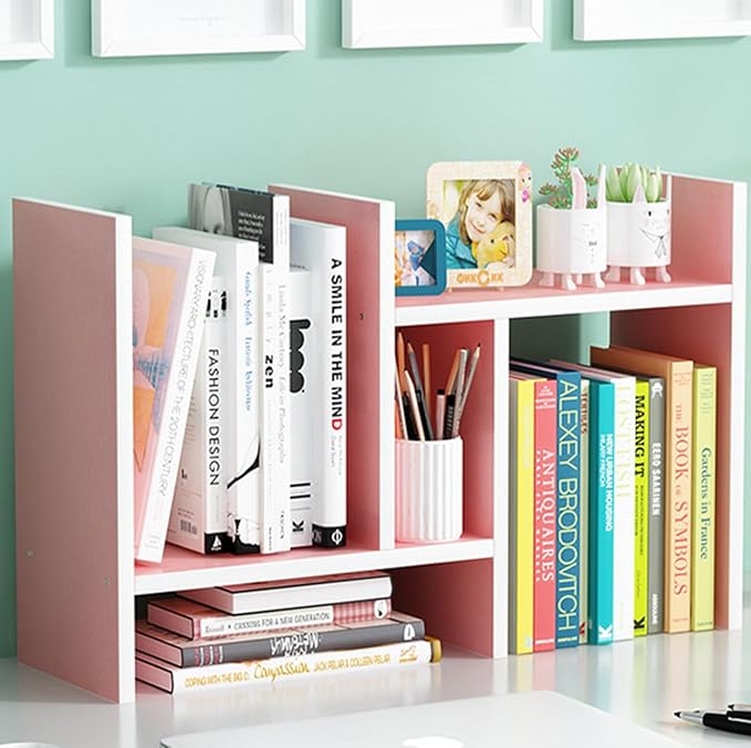Desktop Shelf Organizer, Adjustable Wood Office Storage Rack, Counter Display Small Bookshelf for Home/Office/School(Pink)