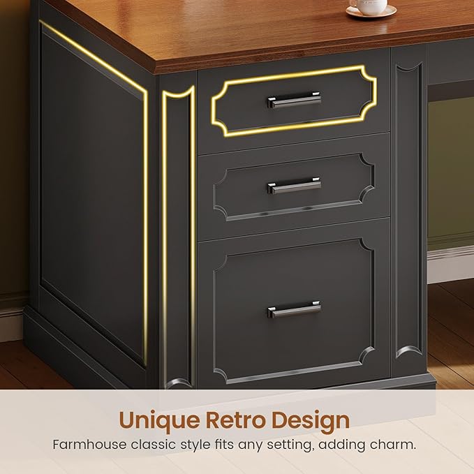 SEDETA Farmhouse 78.7" Executive L Shaped Desk with 6 Drawers, Home Office Desk with Power Outlet, File Cabinet Storage, Wood Corner Computer Desk for Work and Study, Black