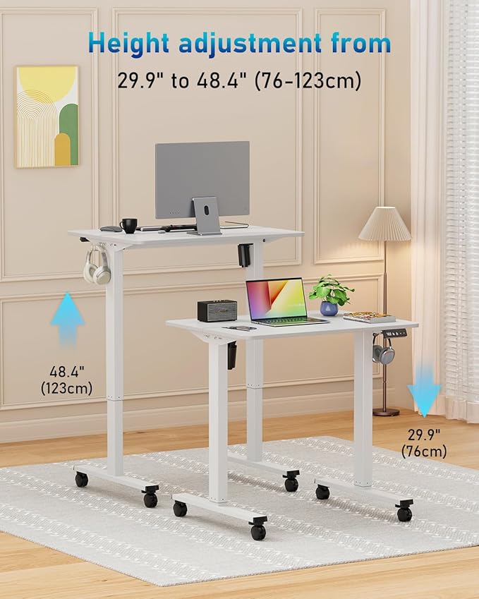 32" Small Electric Rolling Standing Desk Adjustable Height, Mobile Sit Stand up Desk with Lockable Casters for Home Office & Computer Workstation, Splice Board, 2 Hooks, White Frame/White Top