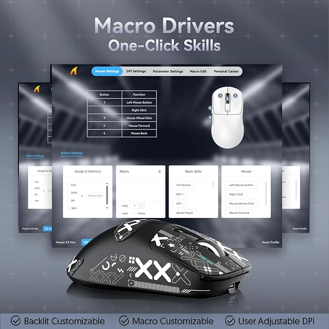 MAMBASNAKE Attack Shark X3MAX Wireless Gaming Mouse,PixArt PAW3950 42000 DPI,49g Ultralight Tri-Mode(BT5.4/2.4GHz/Wired), 1K Polling Rate Programmable Computer Mice for PC/MAC/Win - Black&Tape