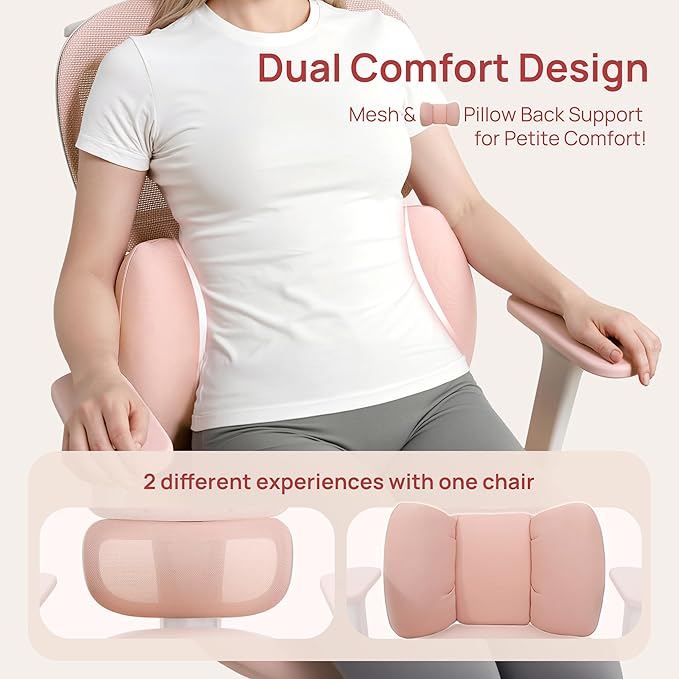 CabLady S1 Petite Ergonomic Home Desk Chair with Footrest and Headrest, High Back Fixed Lumbar Support with Detachable Pillow, Reclining Cute Office Chair for Women & Girls, 300 LBS Capacity