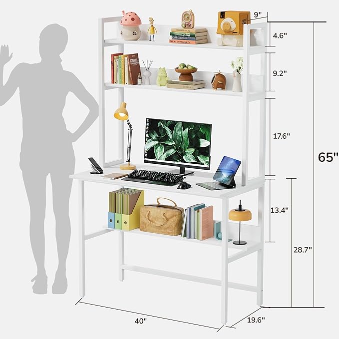 Aquzee Computer Desk with Hutch, 40“W x 19.6" D Desk with Shelves, Tall Home Office Desk with Bookshelf, Metal Legs Study Table with Upper Storage Shelf for Study Writing/Workstation, White