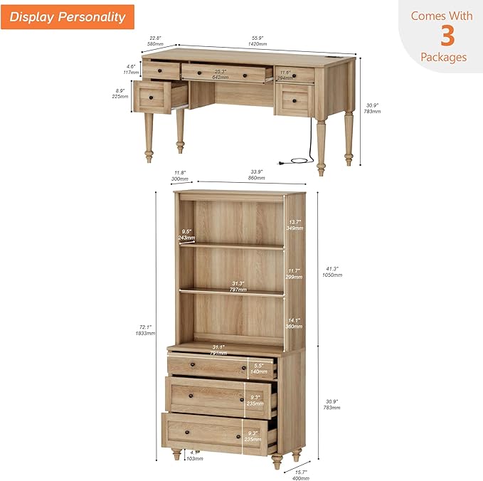 WAMPAT Home Office Furniture Set, 56'' Executive Desk with Charging Station, 72" Tall Bookcase with 3 Drawers, Wood Computer Desk with File Cabinet Storage, Open Shelf, Oak