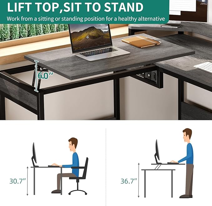 DWVO L Shaped Desk with Lift Top, 65" Adjustable Standing Desk with File Drawer, Corner Computer Desk with Storage Shelves,Home Office Desk, Grey