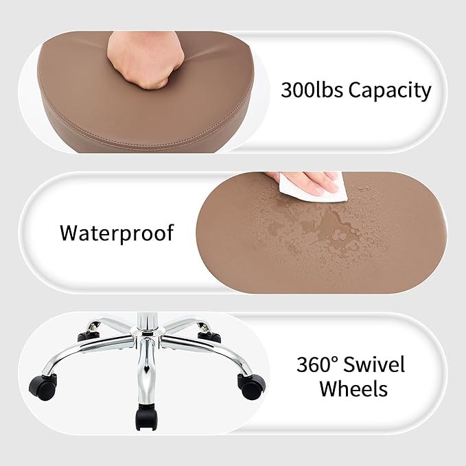 FIRAVOE Adjustable Office Stool with Wheels 19.5"-26.6", Brown Thick Cushion Backless Rolling Chair (Coffee Brown)